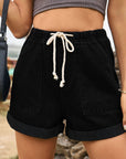 Black Drawstring High Waist Denim Shorts with Pockets