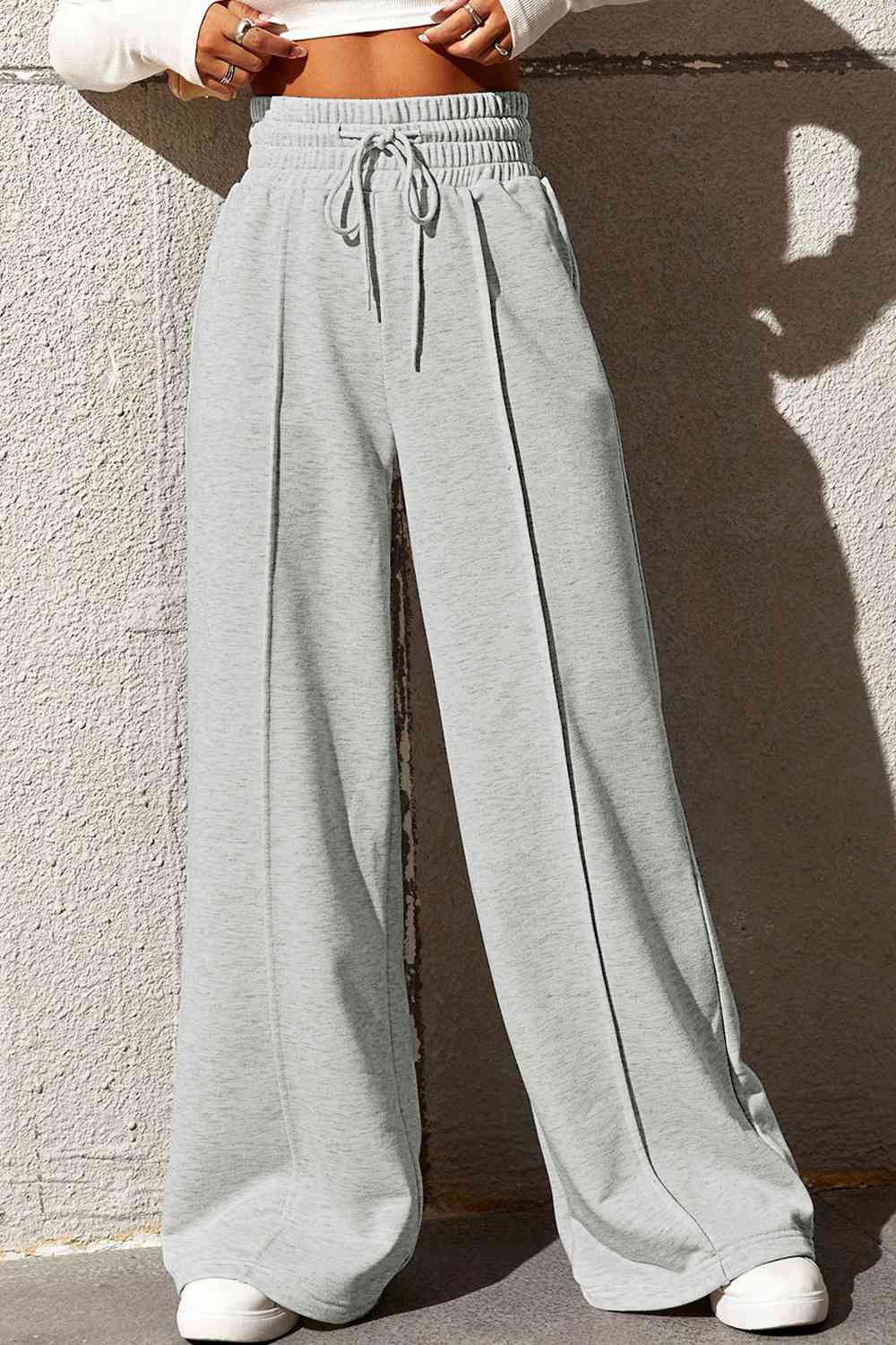 Gray Drawstring Wide Leg Pants with Pockets