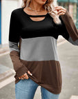 Dark Gray Color Block Cutout Round Neck Long Sleeve T-Shirt Sentient Beauty Fashions Apparel & Accessories