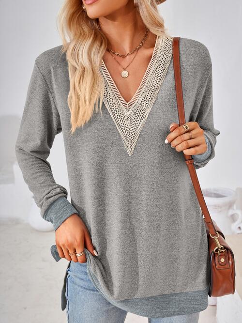 Dark Gray Crochet Contrast V-Neck Long Sleeve Slit T-Shirt