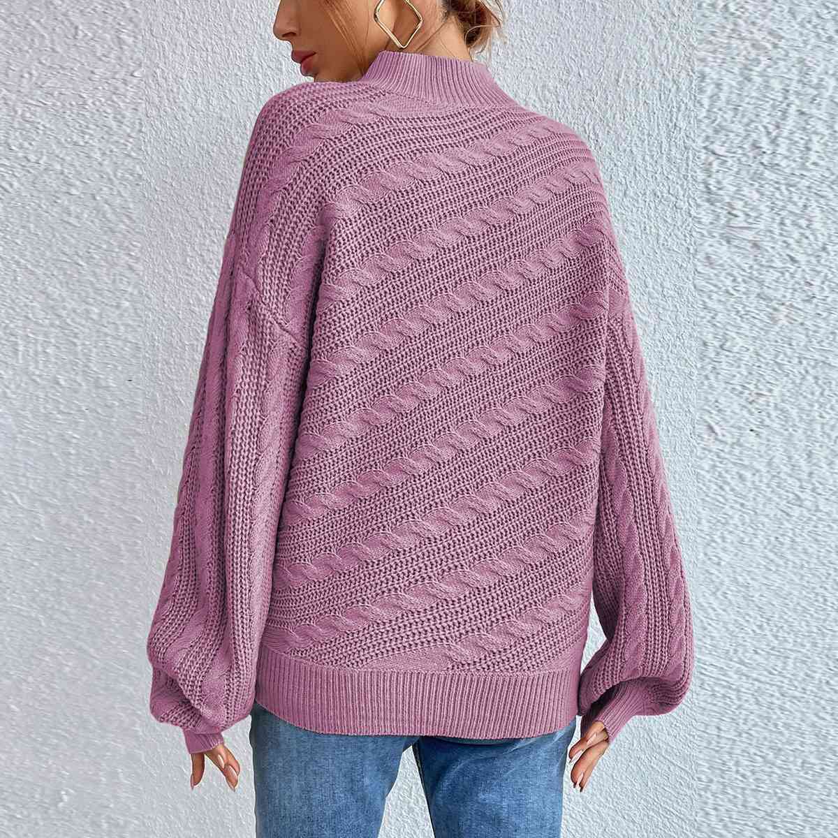 Gray Cable-Knit Mock Neck  Long Sleeve Sweater