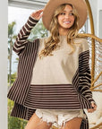 Gray BiBi Striped Contrast Long Sleeve Slit Top