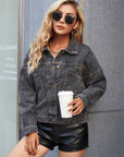 Dim Gray Collared Neck Dropped Shoulder Denim Jacket Sentient Beauty Fashions Apparel & Accessories