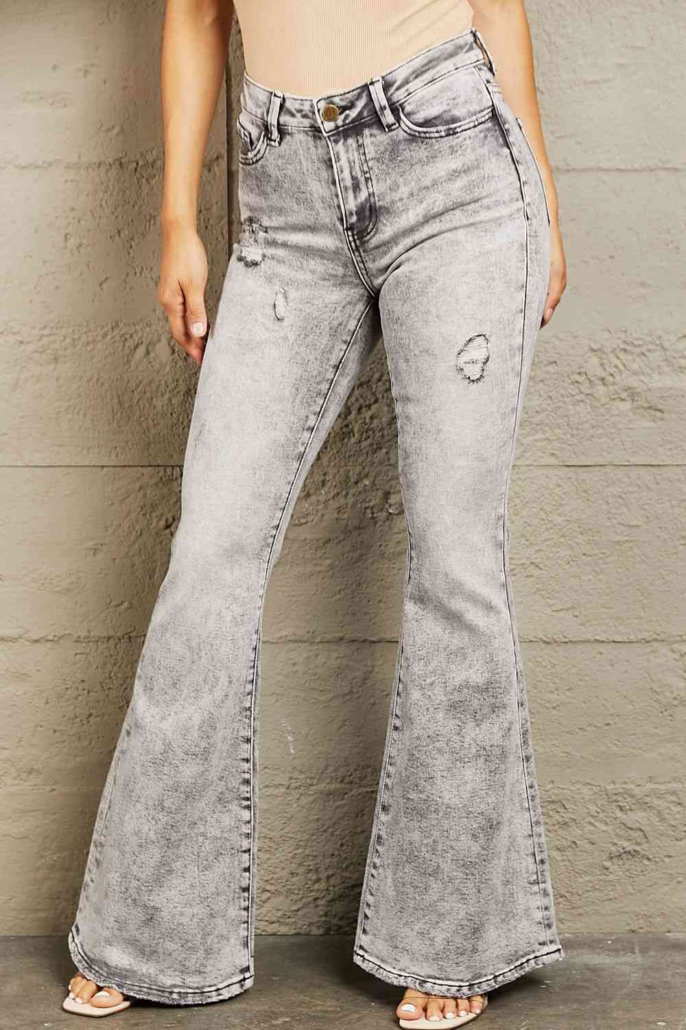 Rosy Brown BAYEAS High Waisted Acid Wash Flare Jeans Sentient Beauty Fashions Apparel &amp; Accessories