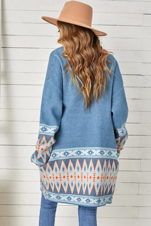 Light Gray Geometric Open Front Long Sleeve Cardigan