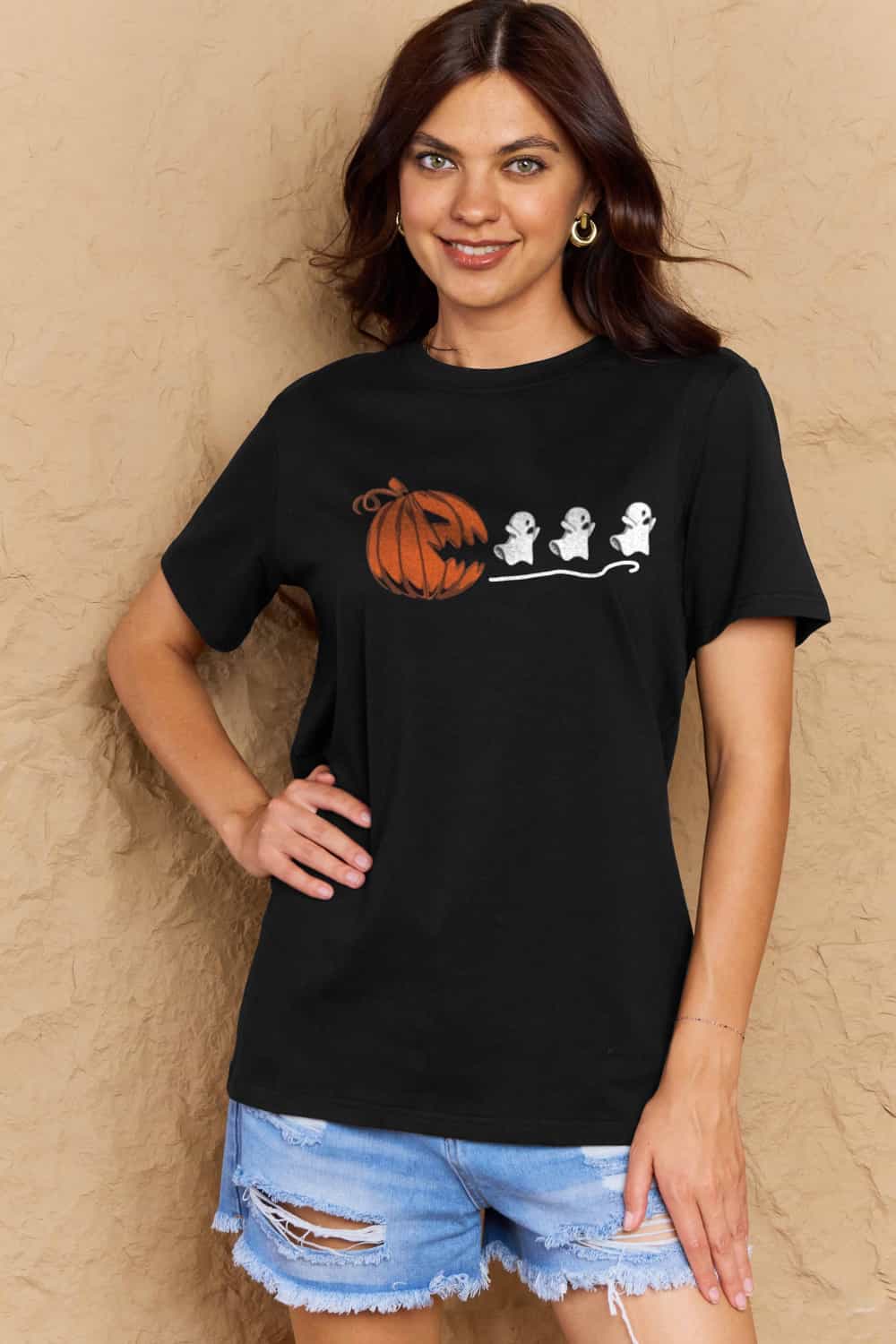 Tan Simply Love Full Size Jack-O&#39;-Lantern Graphic Cotton Tee Sentient Beauty Fashions Apparel &amp; Accessories