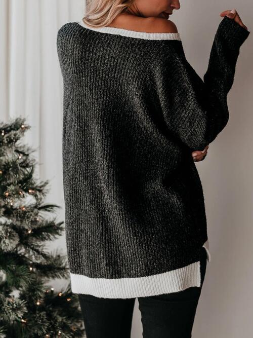 Black Color Block Round Neck Long Sleeve Sweater Sentient Beauty Fashions Apparel &amp; Accessories