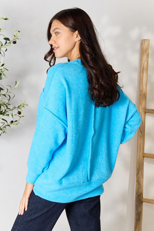 Dark Cyan Zenana Round Neck Long Sleeve Sweater with Pocket Sentient Beauty Fashions Apparel & Accessories