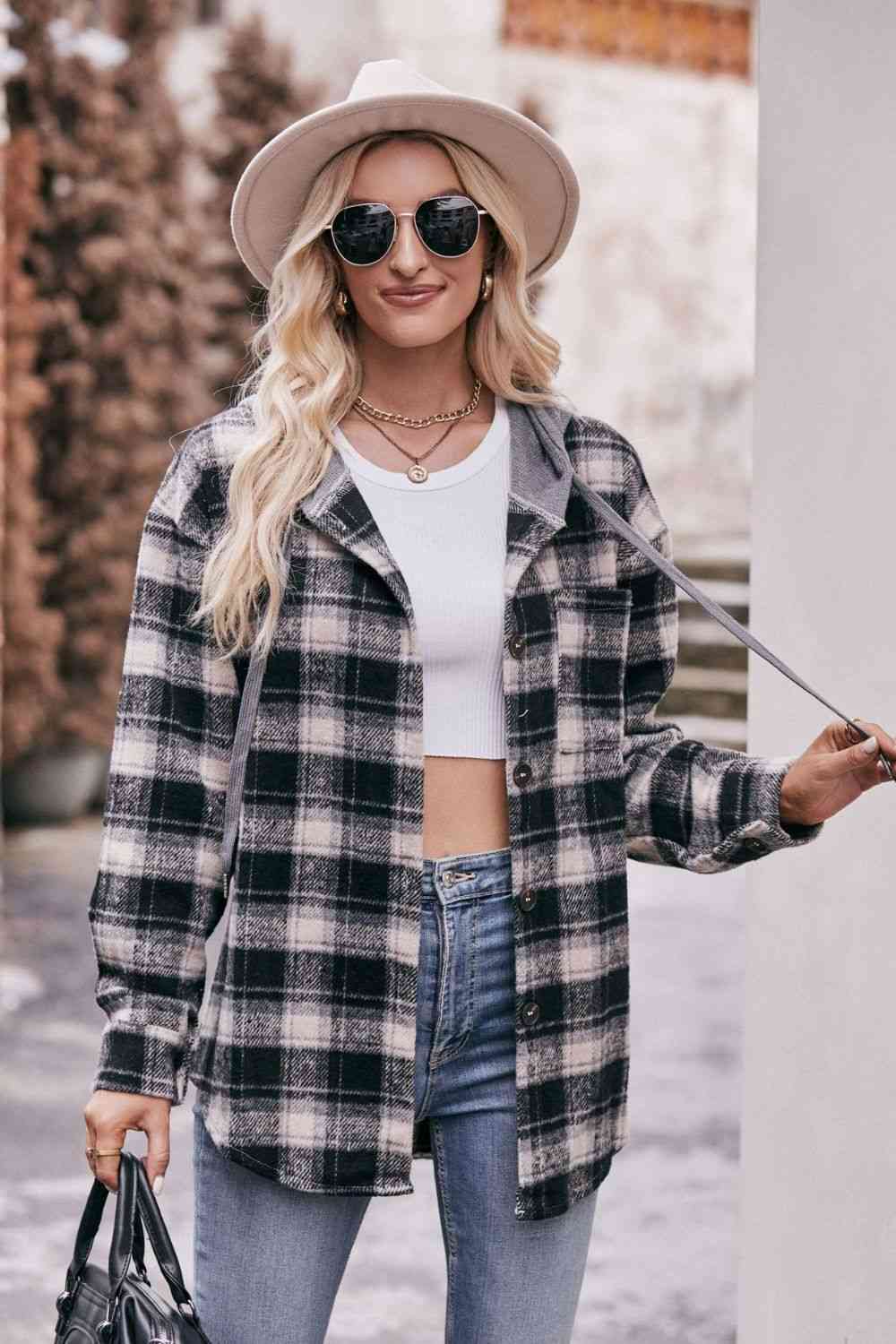 Gray Plaid Dropped Shoulder Hooded Longline Jacket Sentient Beauty Fashions Apparel & Accessories