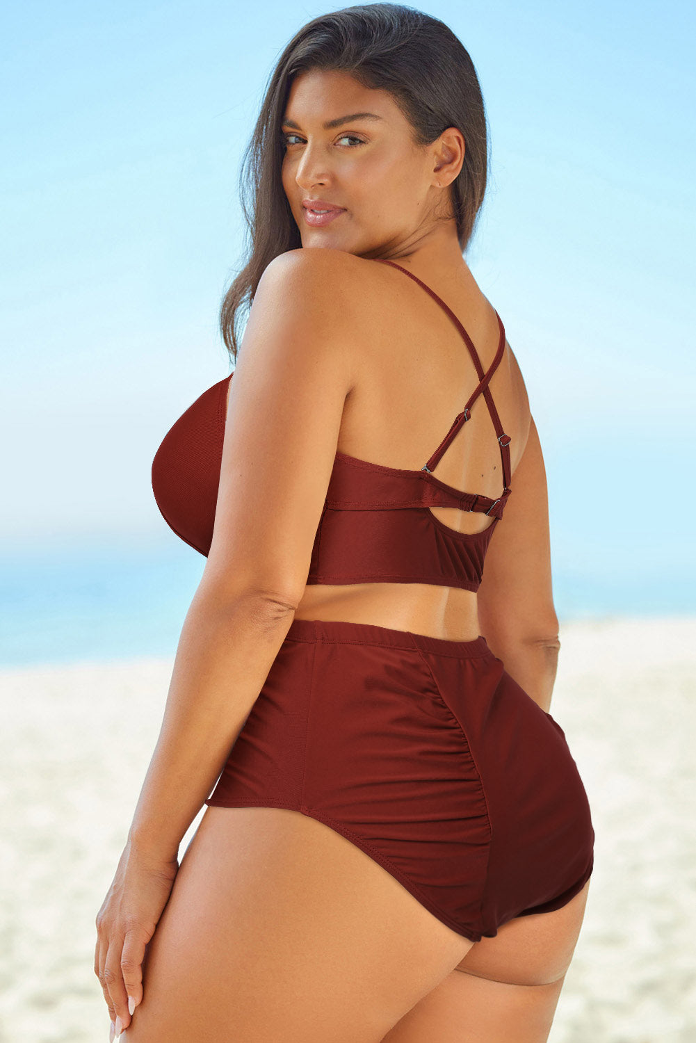 Saddle Brown Halter Neck Crisscross Ruched Two-Piece Swimsuit Sentient Beauty Fashions swimwear