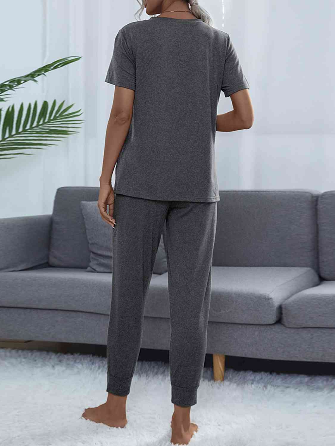 Dark Slate Gray Round Neck Short Sleeve Top and Pants Set Sentient Beauty Fashions Apparel &amp; Accessories