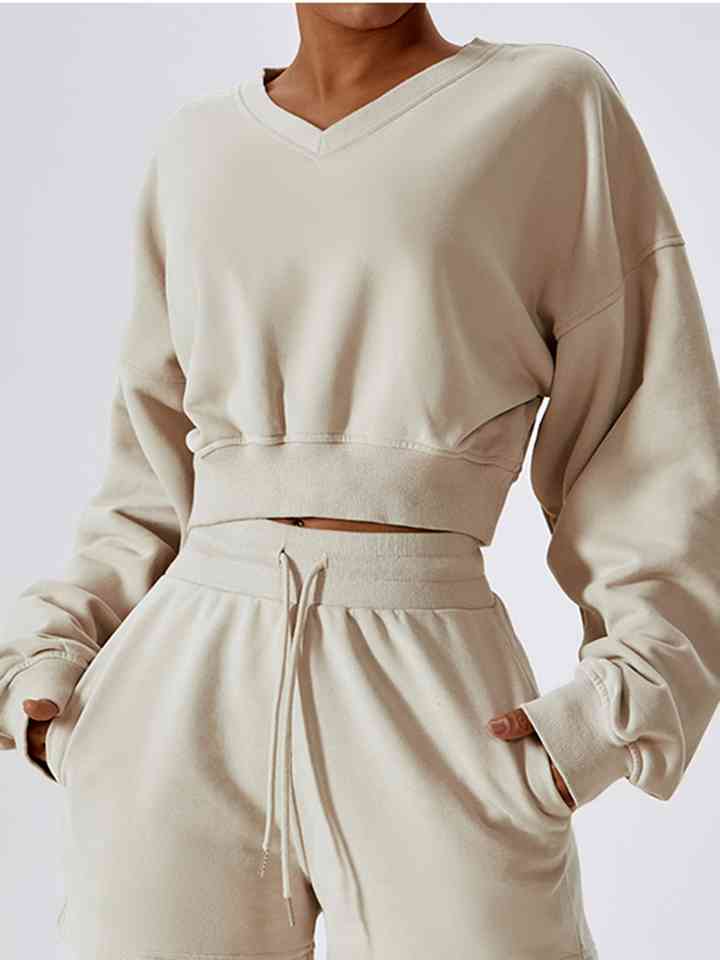 Light Gray V-Neck Dropped Shoulder Sports Sweatshirt Sentient Beauty Fashions Apparel &amp; Accessories
