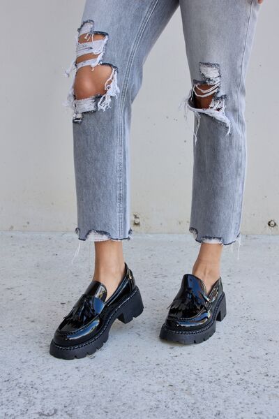 Dark Gray Forever Link Tassel Detail Mid Heel Chunky Loafers Sentient Beauty Fashions Shoes