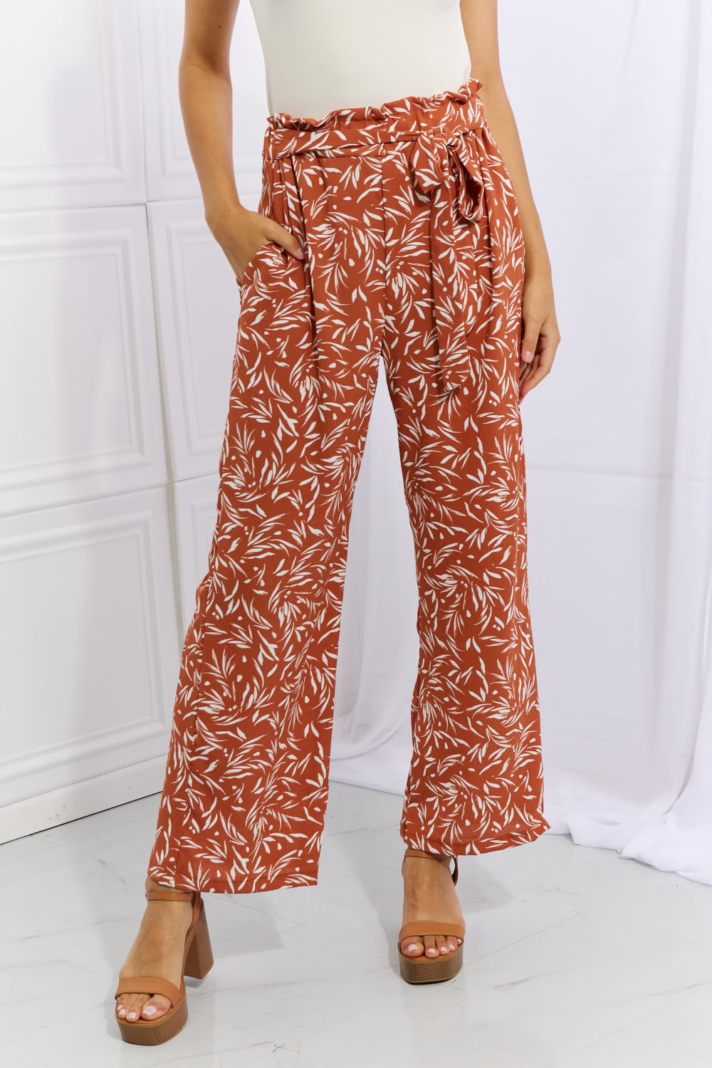 Light Gray Heimish Right Angle Full Size Geometric Printed Pants in Red Orange Sentient Beauty Fashions Apparel &amp; Accessories