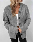 Dark Gray Button Up Drawstring Long Sleeve Hooded Cardigan Sentient Beauty Fashions Apparel & Accessories