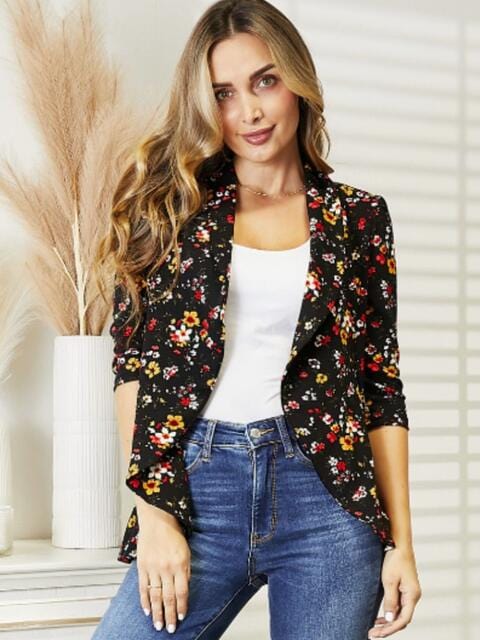 Dark Slate Gray Full Size Floral Print Collared Neck Jacket