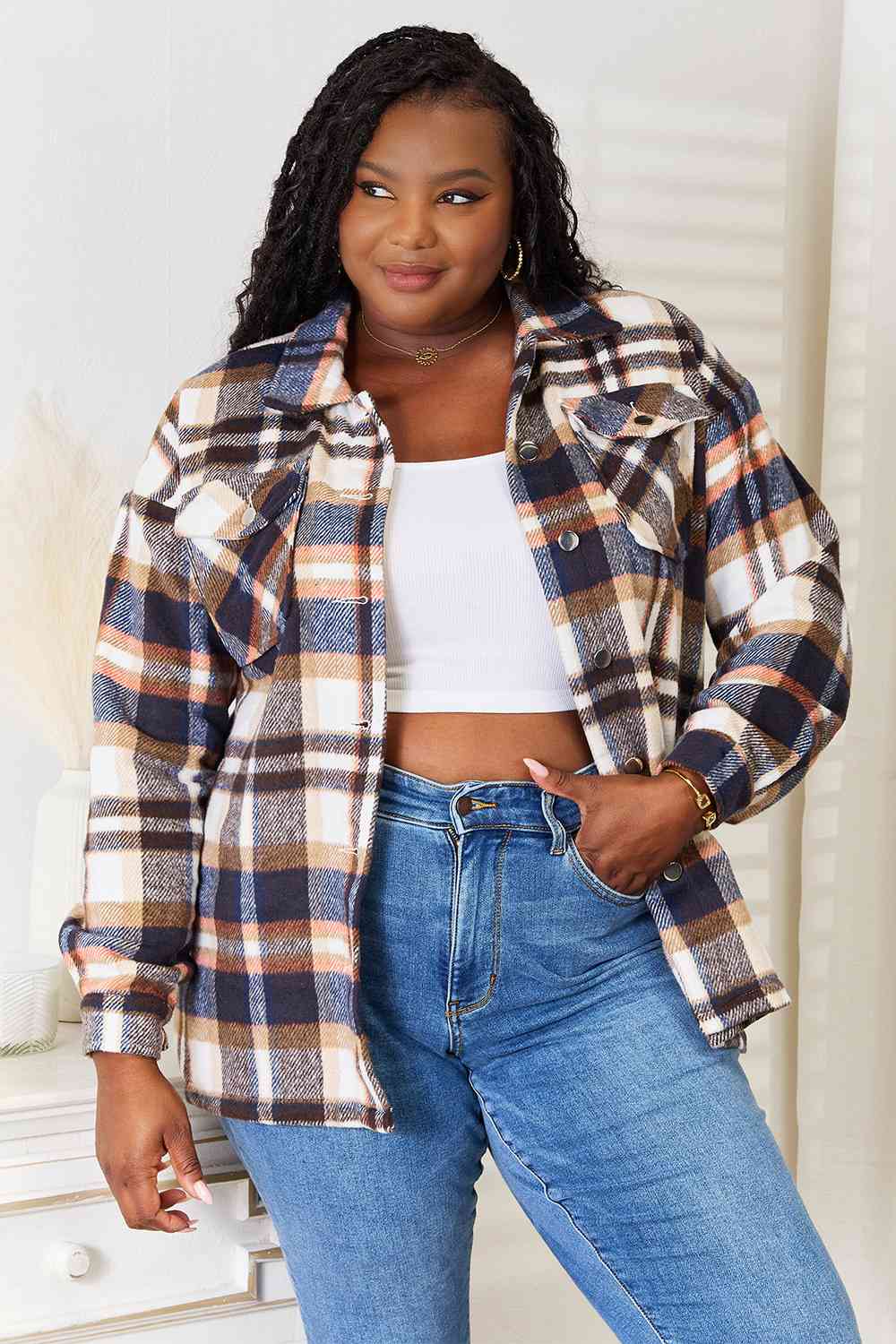 Dark Slate Gray Double Take Plaid Button Front Shirt Jacket with Breast Pockets Sentient Beauty Fashions Apparel & Accessories