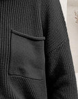 Dark Slate Gray Ribbed Dropped Shoulder Sweater with Pocket Sentient Beauty Fashions Tops