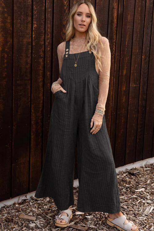 Black Texture Buttoned Wide Leg Overalls Sentient Beauty Fashions Apparel &amp; Accessories