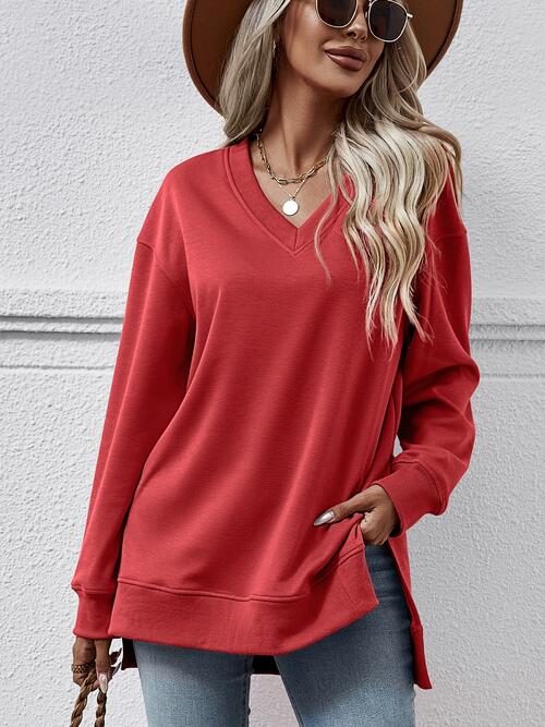 Light Gray V-Neck Slit Long Sleeve Sweatshirt Sentient Beauty Fashions Apparel &amp; Accessories