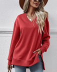 Light Gray V-Neck Slit Long Sleeve Sweatshirt Sentient Beauty Fashions Apparel & Accessories