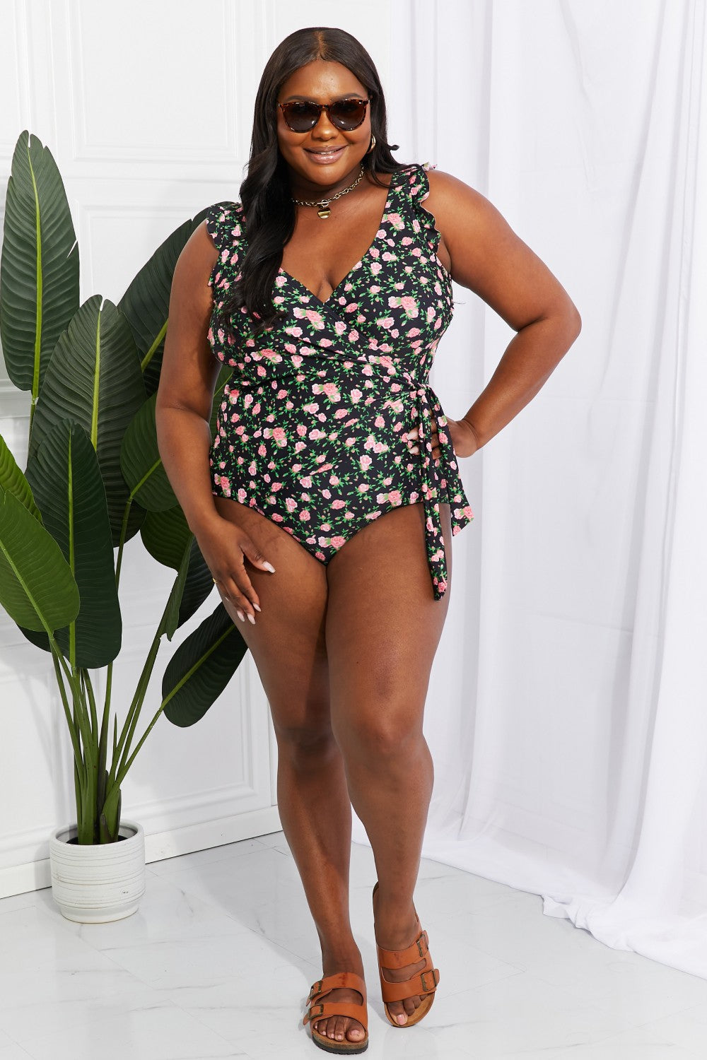 Dark Slate Gray Marina West Swim Full Size Float On Ruffle Faux Wrap One-Piece in Floral Sentient Beauty Fashions Apparel &amp; Accessories