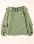 Seashell Ruffled Notched Neck Balloon Sleeve Blouse Sentient Beauty Fashions Apparel & Accessories