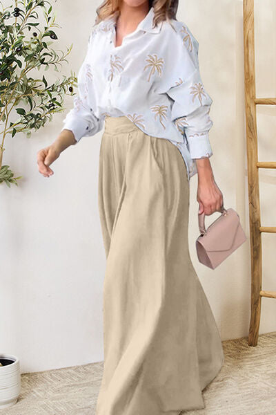 Light Gray Pocketed Dropped Shoulder Shirt and Wide Leg Pants Set Sentient Beauty Fashions Apparel &amp; Accessories