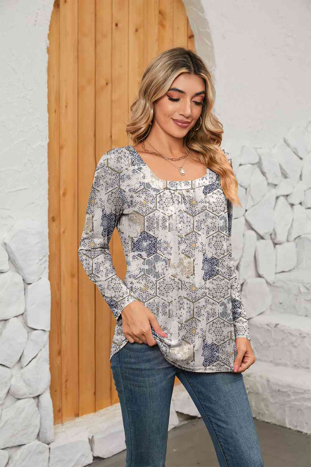 Gray Printed Square Neck Long Sleeve Blouse Sentient Beauty Fashions Apparel &amp; Accessories