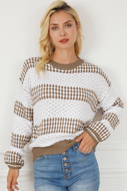 Light Gray Striped Round Neck Long Sleeve Knit Top Sentient Beauty Fashions Apparel &amp; Accessories