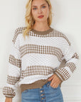 Light Gray Striped Round Neck Long Sleeve Knit Top