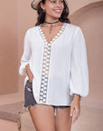 Rosy Brown Plus Size Lace Detail V-Neck Balloon Sleeve Blouse Sentient Beauty Fashions Apparel & Accessories