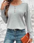 Gray Decorative Button Round Neck Top