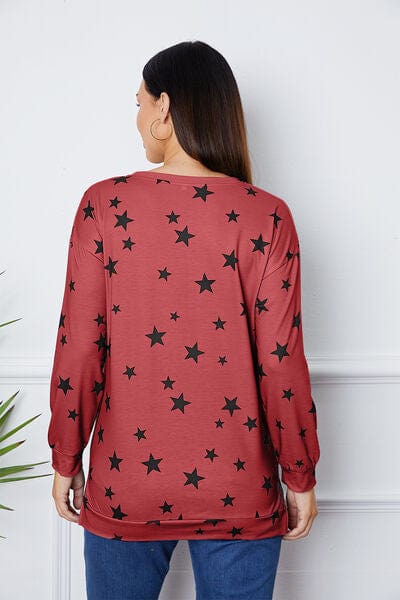 Maroon Star Print Round Neck Dropped Shoulder Sweatshirt