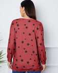 Maroon Star Print Round Neck Dropped Shoulder Sweatshirt