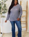 Gray Basic Bae Waffle-Knit Round Neck Long Sleeve Slit Sweatshirt Sentient Beauty Fashions Apparel & Accessories