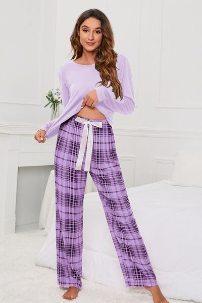 Light Gray Round Neck Long Sleeve Top and Bow Plaid Pants Lounge Set Sentient Beauty Fashions Apparel &amp; Accessories