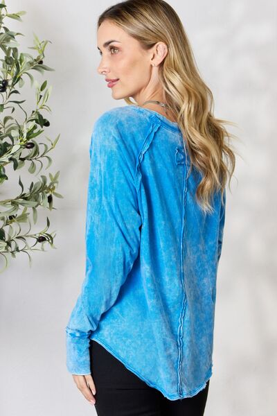 Steel Blue Zenana Round Neck Long Sleeve Top Sentient Beauty Fashions Apparel & Accessories