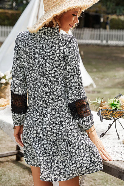 Gray Floral Notched Neck Spliced Lace Dress