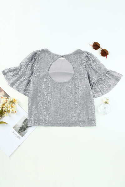 White Smoke Sequin Cutout Round Neck Blouse Sentient Beauty Fashions Apparel & Accessories