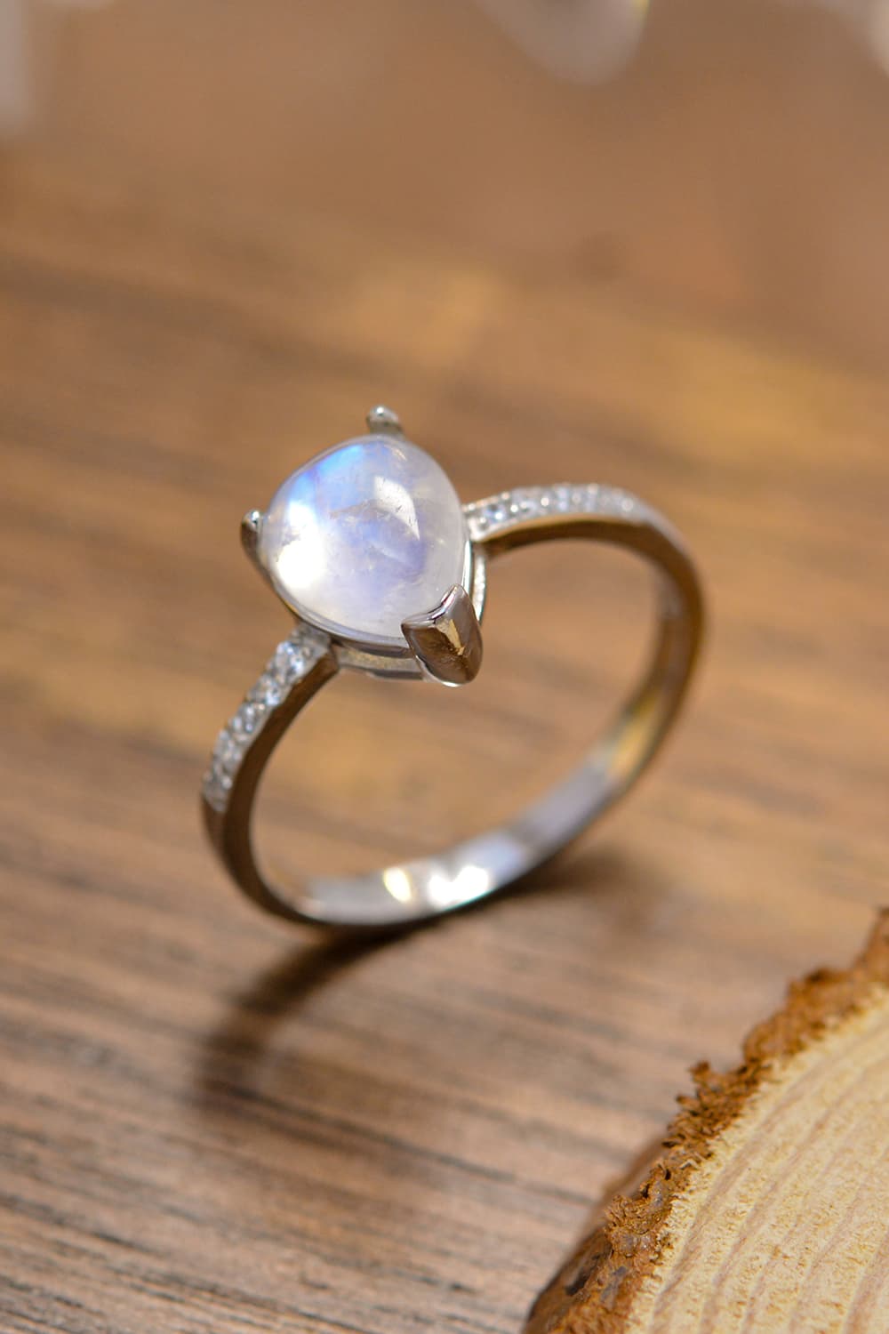 Rosy Brown High Quality Natural Moonstone Teardrop Side Stone Ring