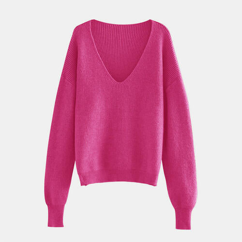 Maroon V-Neck Dropped Shoulder Long Sleeve Sweater Sentient Beauty Fashions Apparel &amp; Accessories