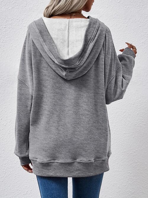 Gray V-Neck Drop Shoulder Long Sleeve Hoodie Sentient Beauty Fashions Apparel &amp; Accessories