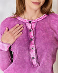 Pale Violet Red Zenana Washed Half Button Exposed Seam Waffle Top Sentient Beauty Fashions Apparel & Accessories