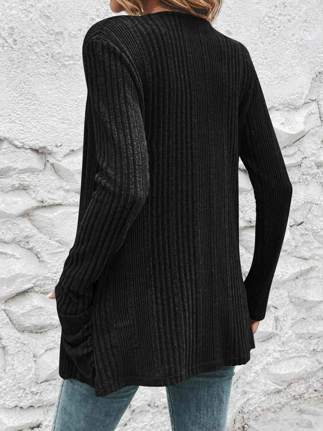 Black Ribbed Open Front Cardigan with Pockets
