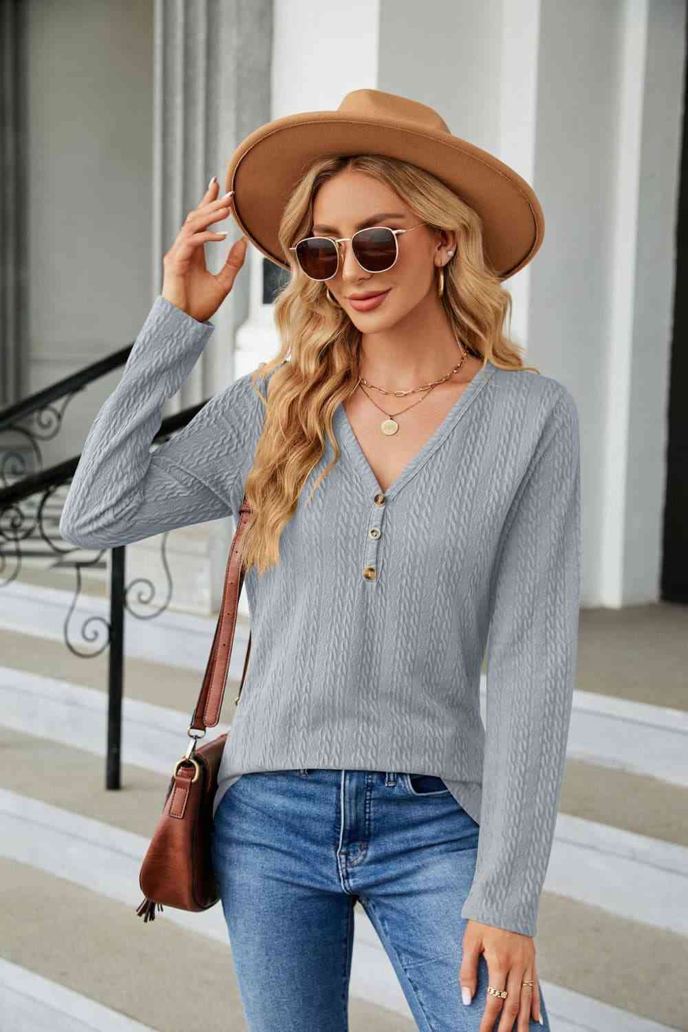 Dark Gray Cable-Knit Long Sleeve V-Neck T-Shirt