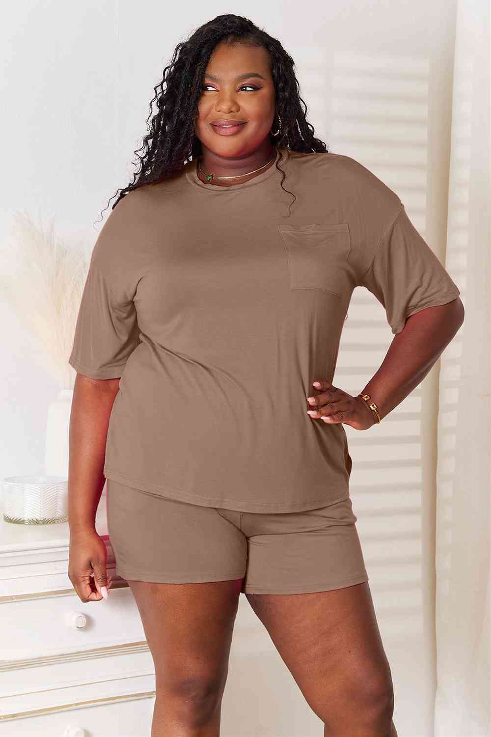 Light Gray Basic Bae Full Size Soft Rayon Half Sleeve Top and Shorts Set Sentient Beauty Fashions Apparel &amp; Accessories