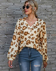 Dim Gray Leopard V-Neck Decorative Button Long Sleeve Blouse Sentient Beauty Fashions Apparel & Accessories