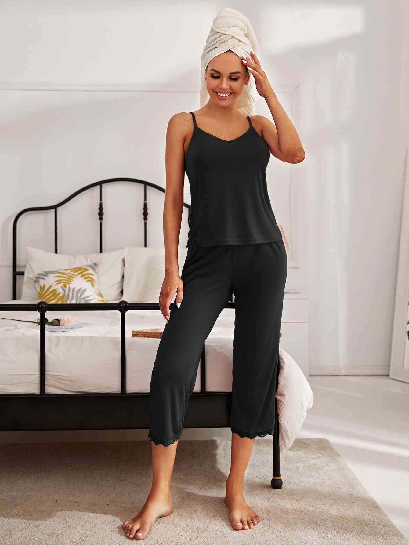 V-Neck Lace Trim Slit Cami and Pants Pajama Set