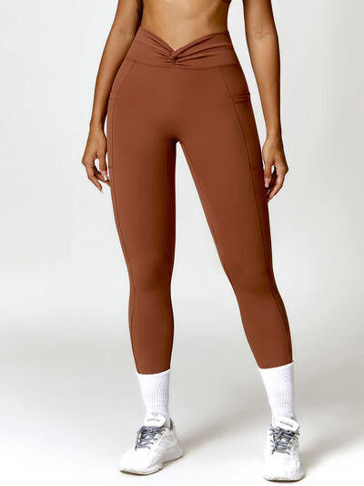 Saddle Brown Twisted High Waist Active Pants with Pockets Sentient Beauty Fashions Apparel &amp; Accessories